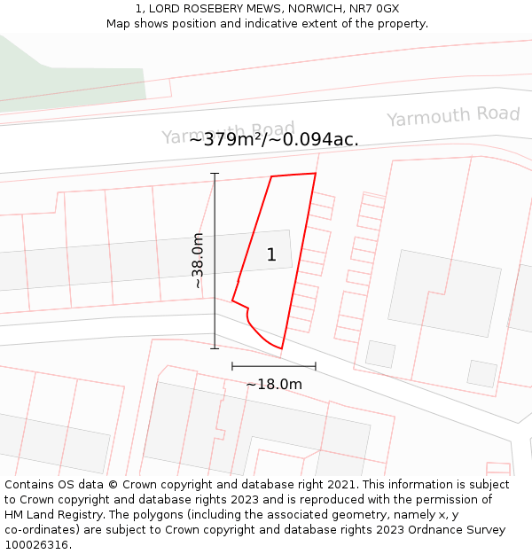 1, LORD ROSEBERY MEWS, NORWICH, NR7 0GX: Plot and title map