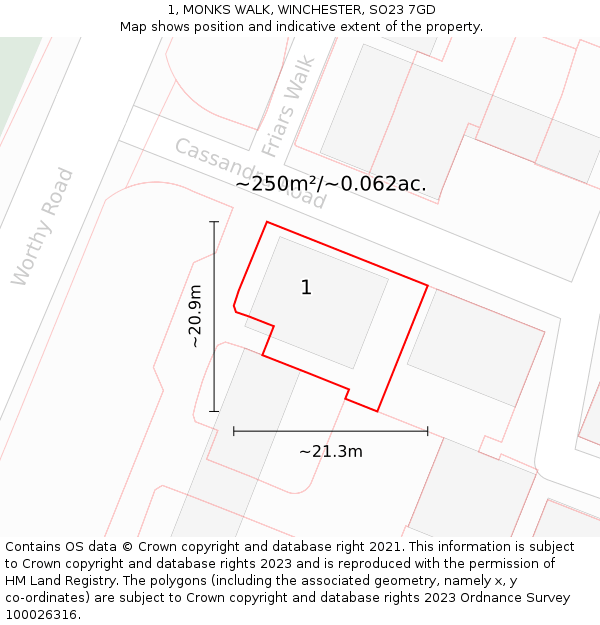 1, MONKS WALK, WINCHESTER, SO23 7GD: Plot and title map
