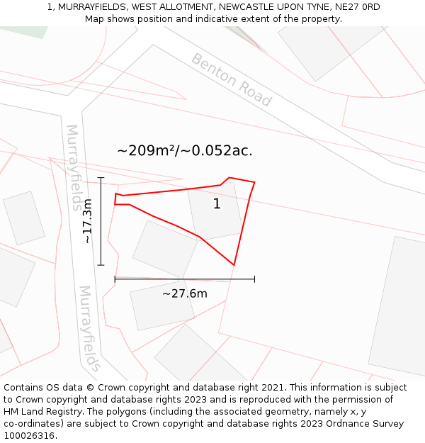 1, MURRAYFIELDS, WEST ALLOTMENT, NEWCASTLE UPON TYNE, NE27 0RD: Plot and title map