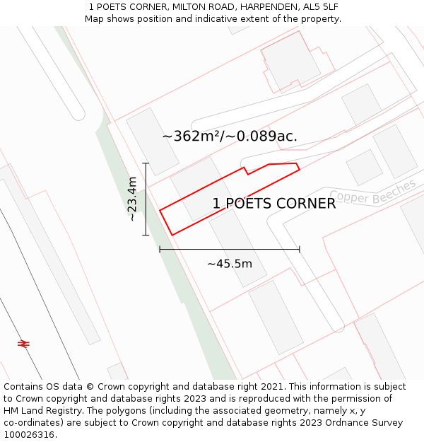 1 POETS CORNER, MILTON ROAD, HARPENDEN, AL5 5LF: Plot and title map