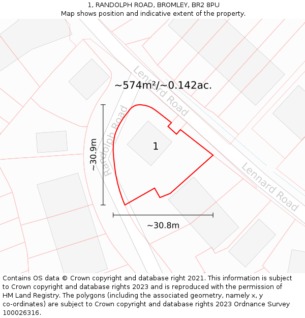 1, RANDOLPH ROAD, BROMLEY, BR2 8PU: Plot and title map
