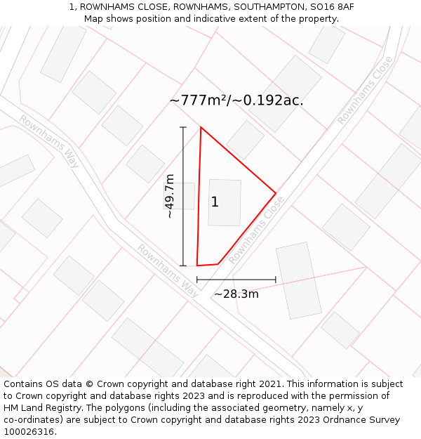 1, ROWNHAMS CLOSE, ROWNHAMS, SOUTHAMPTON, SO16 8AF: Plot and title map