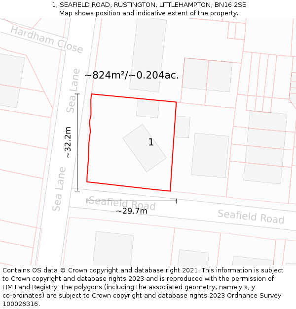 1, SEAFIELD ROAD, RUSTINGTON, LITTLEHAMPTON, BN16 2SE: Plot and title map