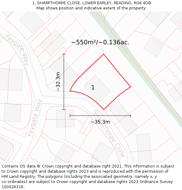 1, SHARPTHORPE CLOSE, LOWER EARLEY, READING, RG6 4DB: Plot and title map