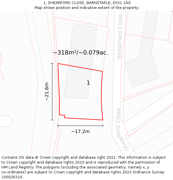 1, SHEARFORD CLOSE, BARNSTAPLE, EX31 1AG: Plot and title map