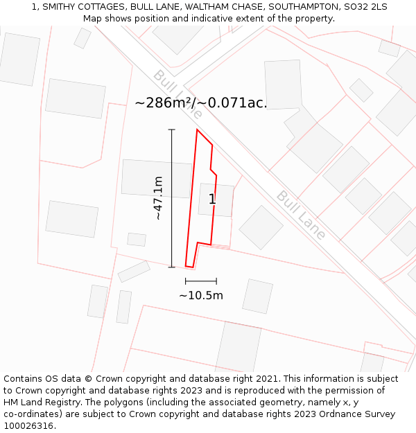 1, SMITHY COTTAGES, BULL LANE, WALTHAM CHASE, SOUTHAMPTON, SO32 2LS: Plot and title map