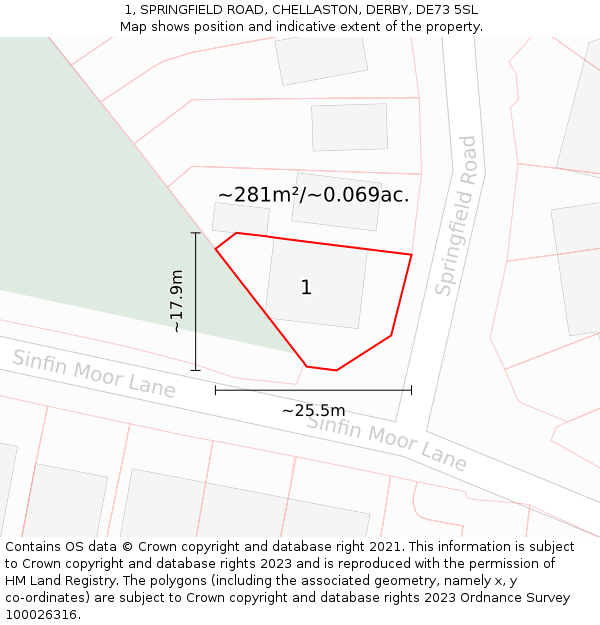 1, SPRINGFIELD ROAD, CHELLASTON, DERBY, DE73 5SL: Plot and title map