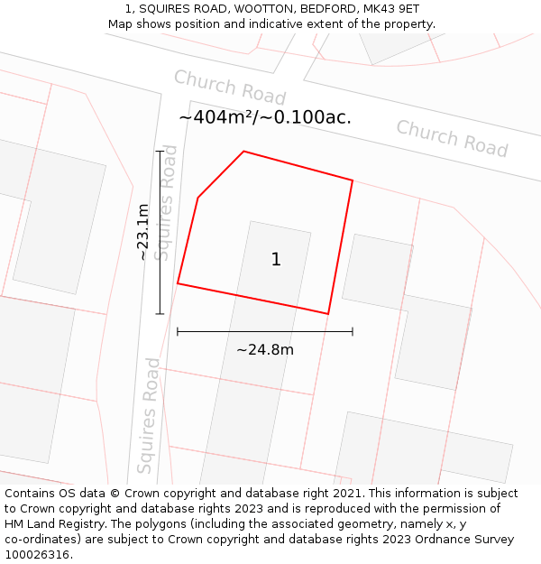 1, SQUIRES ROAD, WOOTTON, BEDFORD, MK43 9ET: Plot and title map