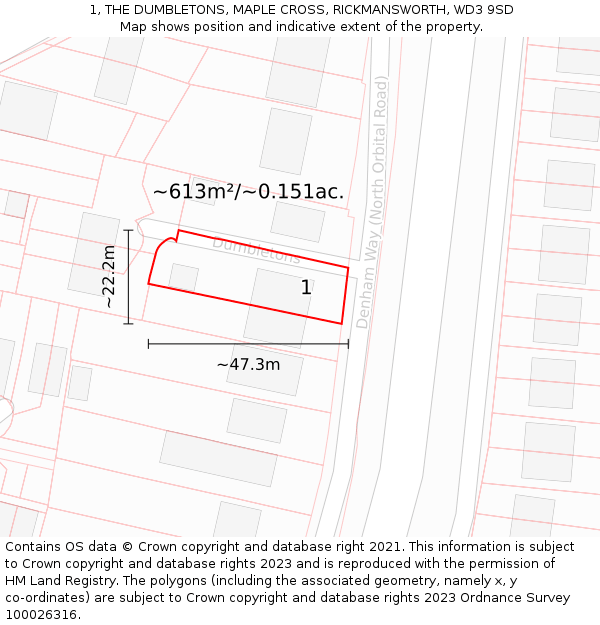 1, THE DUMBLETONS, MAPLE CROSS, RICKMANSWORTH, WD3 9SD: Plot and title map