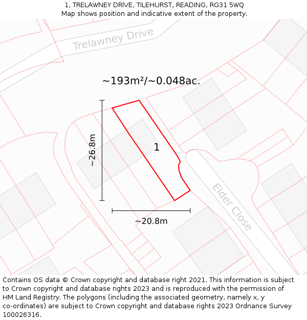 1, TRELAWNEY DRIVE, TILEHURST, READING, RG31 5WQ: Plot and title map