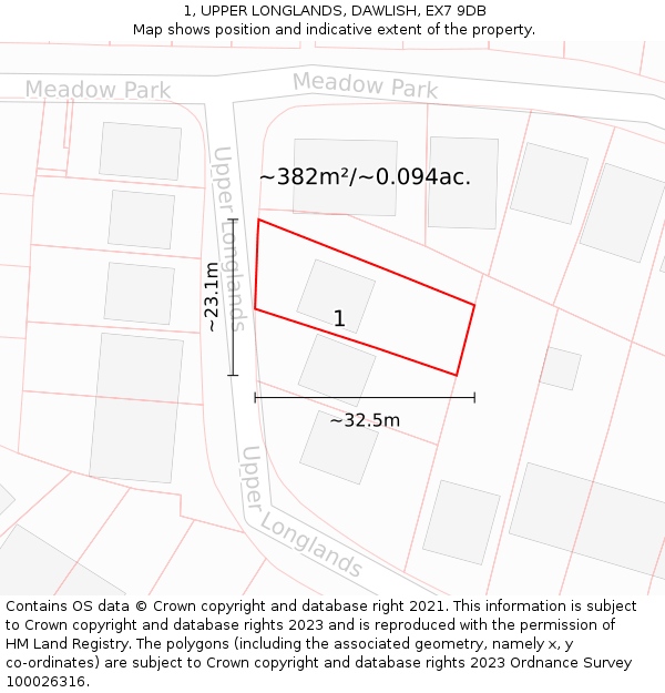 1, UPPER LONGLANDS, DAWLISH, EX7 9DB: Plot and title map