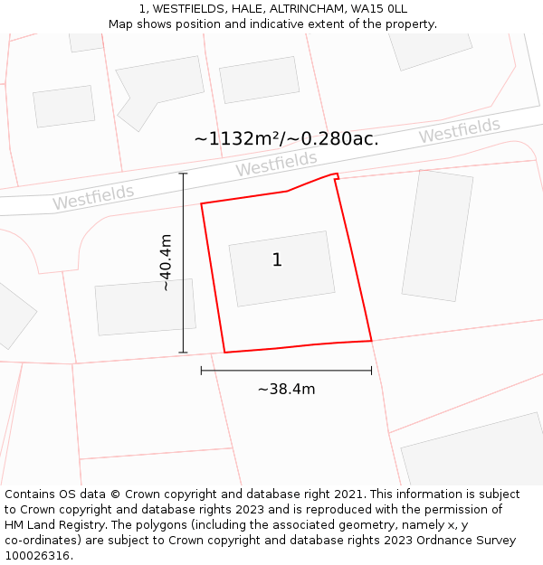 1, WESTFIELDS, HALE, ALTRINCHAM, WA15 0LL: Plot and title map