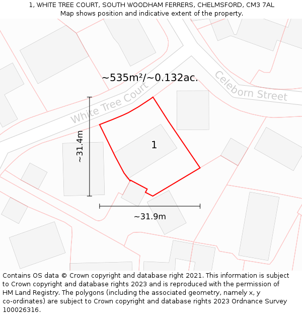 1, WHITE TREE COURT, SOUTH WOODHAM FERRERS, CHELMSFORD, CM3 7AL: Plot and title map