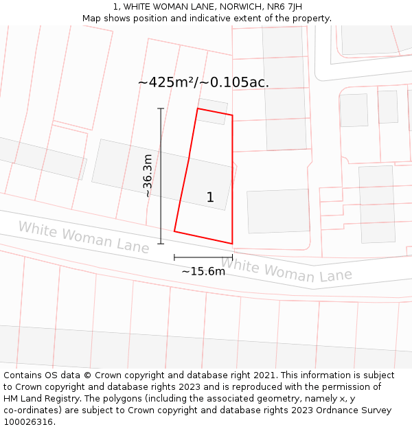 1, WHITE WOMAN LANE, NORWICH, NR6 7JH: Plot and title map