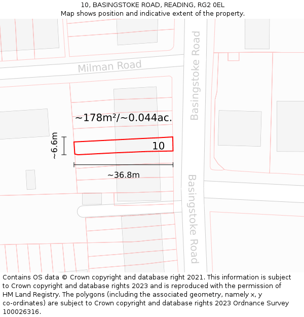 10, BASINGSTOKE ROAD, READING, RG2 0EL: Plot and title map