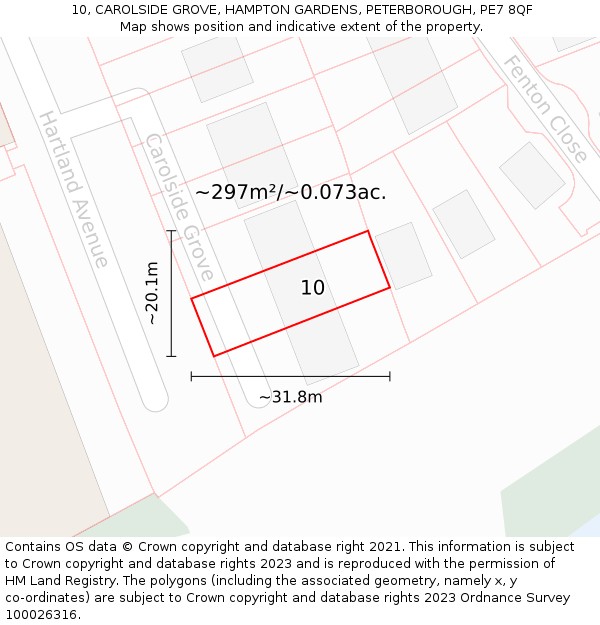 10, CAROLSIDE GROVE, HAMPTON GARDENS, PETERBOROUGH, PE7 8QF: Plot and title map