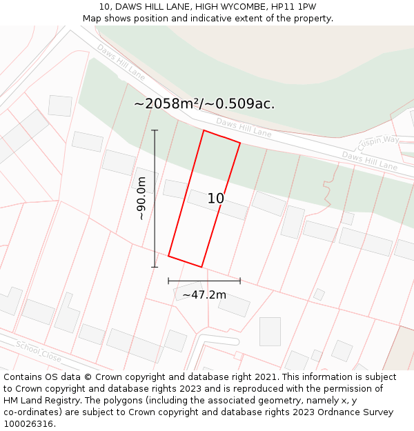 10, DAWS HILL LANE, HIGH WYCOMBE, HP11 1PW: Plot and title map