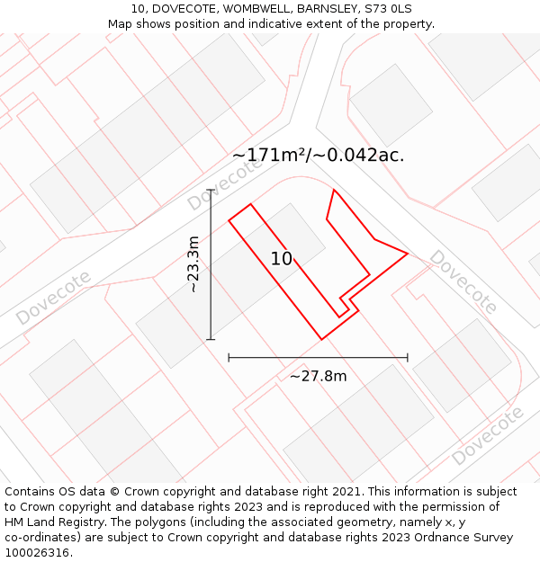 10, DOVECOTE, WOMBWELL, BARNSLEY, S73 0LS: Plot and title map