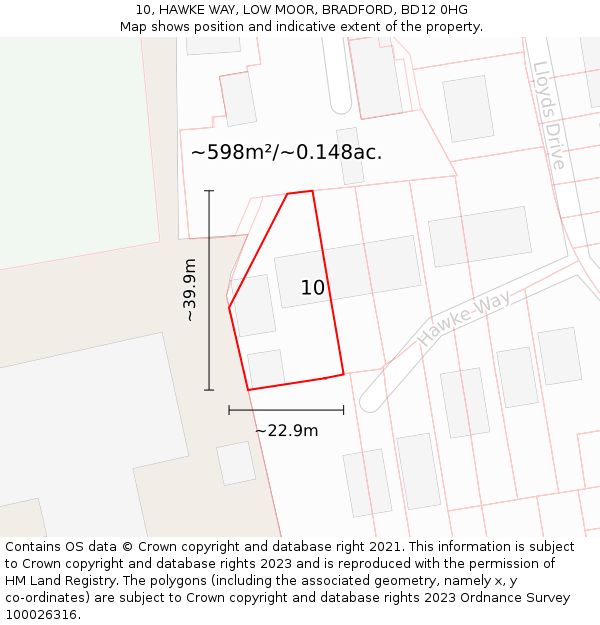 10, HAWKE WAY, LOW MOOR, BRADFORD, BD12 0HG: Plot and title map