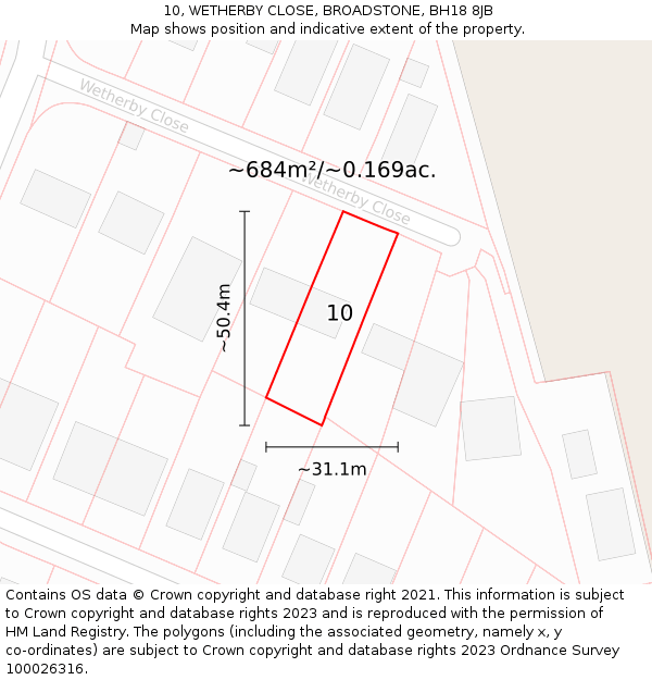 10, WETHERBY CLOSE, BROADSTONE, BH18 8JB: Plot and title map