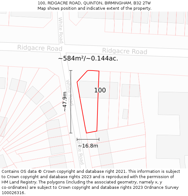 100, RIDGACRE ROAD, QUINTON, BIRMINGHAM, B32 2TW: Plot and title map