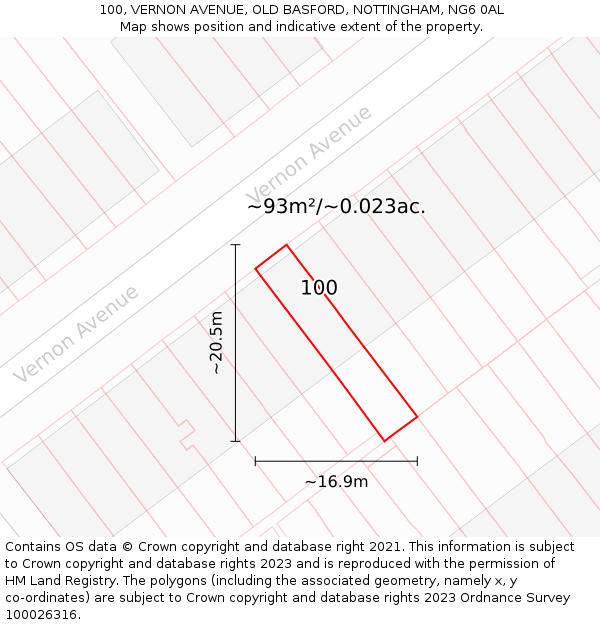 100, VERNON AVENUE, OLD BASFORD, NOTTINGHAM, NG6 0AL: Plot and title map