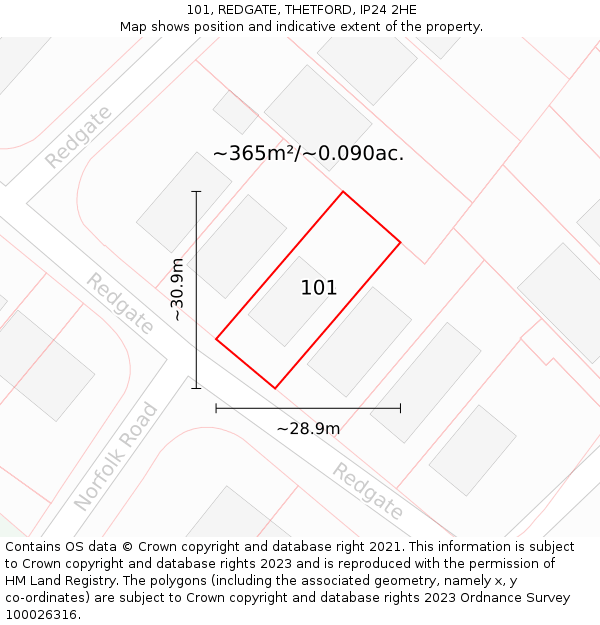 101, REDGATE, THETFORD, IP24 2HE: Plot and title map