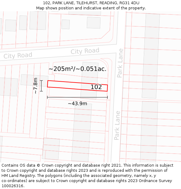 102, PARK LANE, TILEHURST, READING, RG31 4DU: Plot and title map