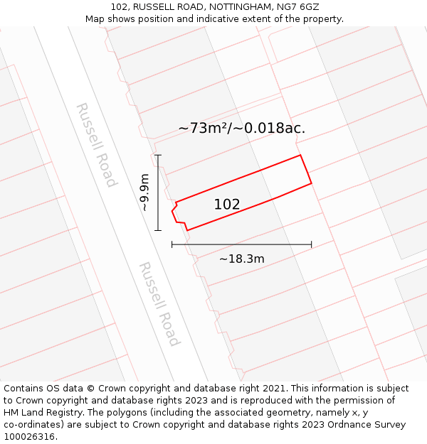 102, RUSSELL ROAD, NOTTINGHAM, NG7 6GZ: Plot and title map