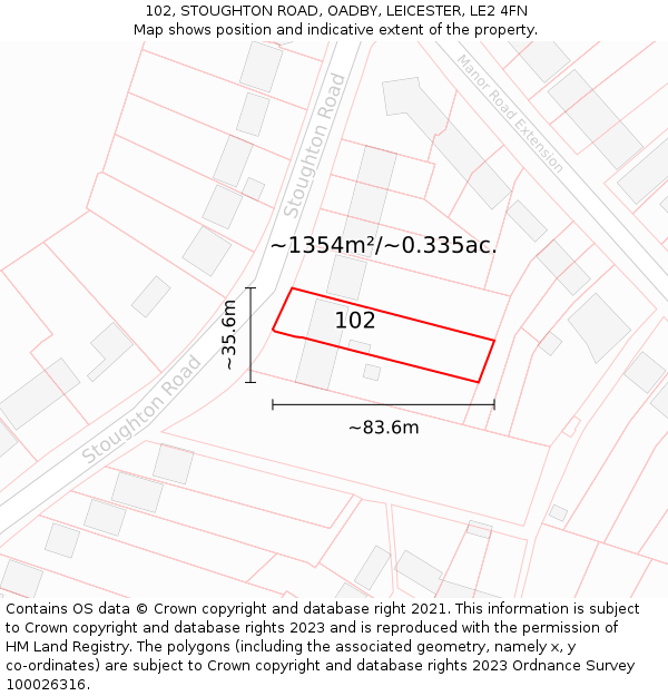 102, STOUGHTON ROAD, OADBY, LEICESTER, LE2 4FN: Plot and title map