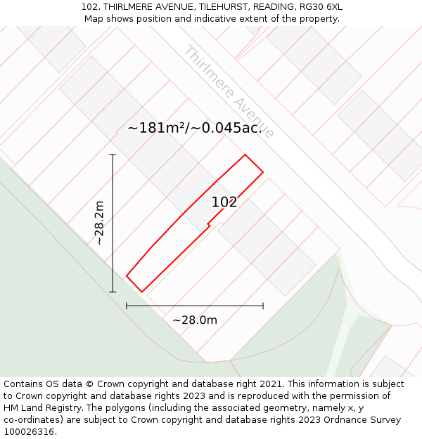 102, THIRLMERE AVENUE, TILEHURST, READING, RG30 6XL: Plot and title map