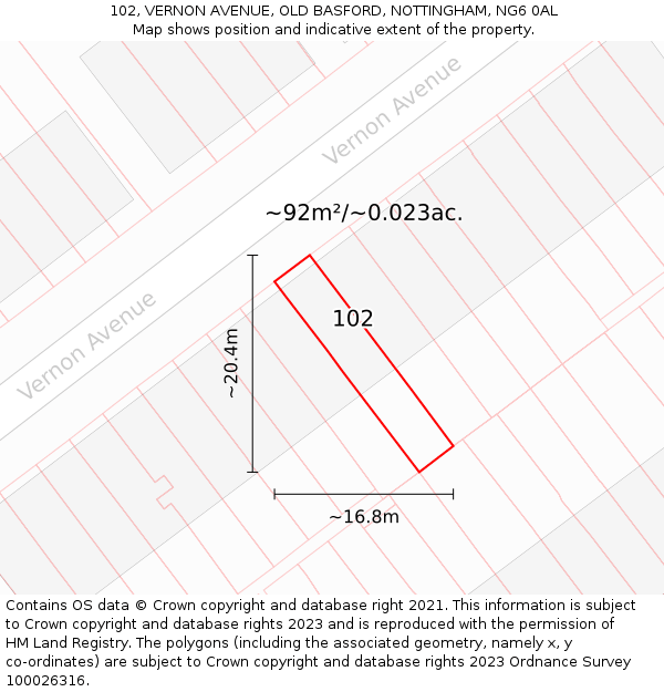 102, VERNON AVENUE, OLD BASFORD, NOTTINGHAM, NG6 0AL: Plot and title map