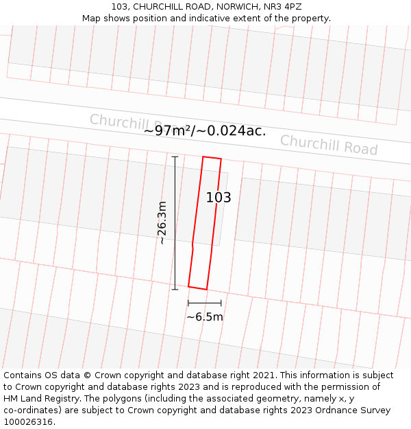 103, CHURCHILL ROAD, NORWICH, NR3 4PZ: Plot and title map