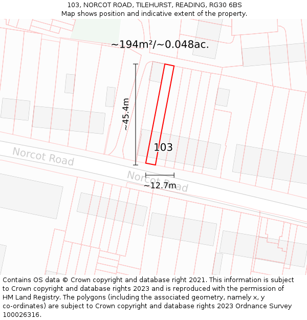 103, NORCOT ROAD, TILEHURST, READING, RG30 6BS: Plot and title map