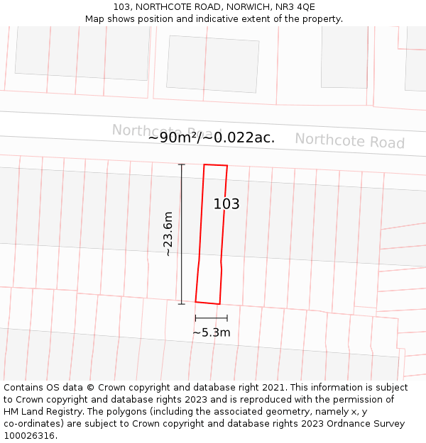 103, NORTHCOTE ROAD, NORWICH, NR3 4QE: Plot and title map