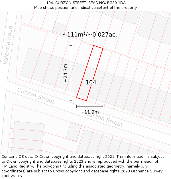 104, CURZON STREET, READING, RG30 1DA: Plot and title map