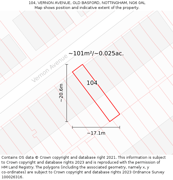 104, VERNON AVENUE, OLD BASFORD, NOTTINGHAM, NG6 0AL: Plot and title map