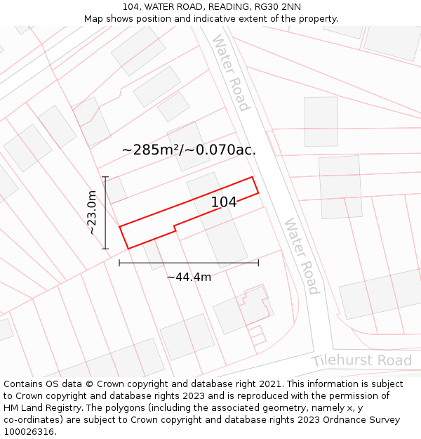 104, WATER ROAD, READING, RG30 2NN: Plot and title map