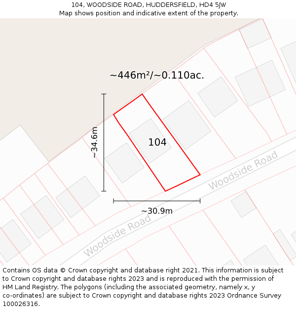 104, WOODSIDE ROAD, HUDDERSFIELD, HD4 5JW: Plot and title map