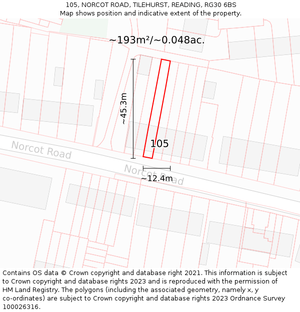 105, NORCOT ROAD, TILEHURST, READING, RG30 6BS: Plot and title map