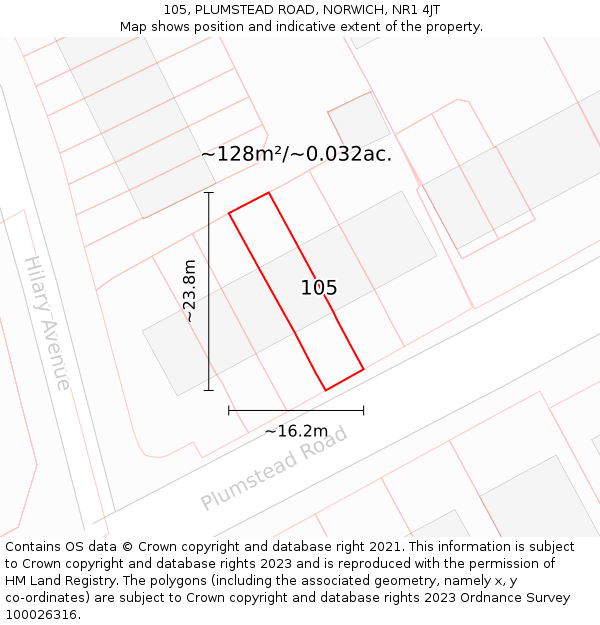 105, PLUMSTEAD ROAD, NORWICH, NR1 4JT: Plot and title map