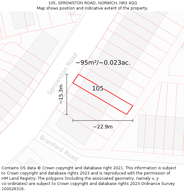 105, SPROWSTON ROAD, NORWICH, NR3 4QG: Plot and title map