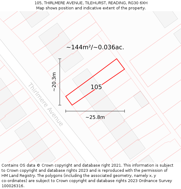 105, THIRLMERE AVENUE, TILEHURST, READING, RG30 6XH: Plot and title map