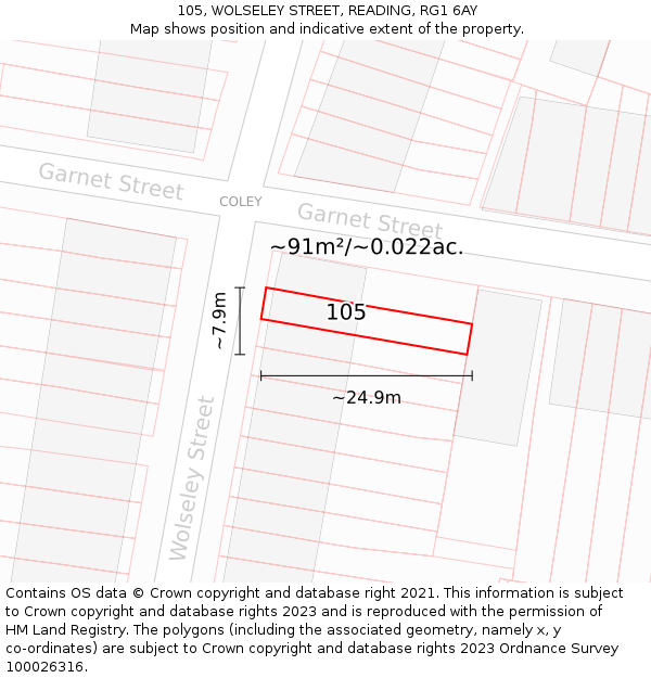 105, WOLSELEY STREET, READING, RG1 6AY: Plot and title map