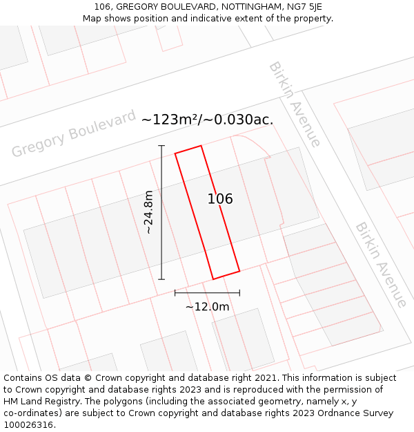 106, GREGORY BOULEVARD, NOTTINGHAM, NG7 5JE: Plot and title map