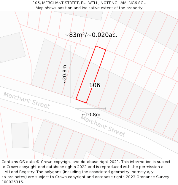 106, MERCHANT STREET, BULWELL, NOTTINGHAM, NG6 8GU: Plot and title map