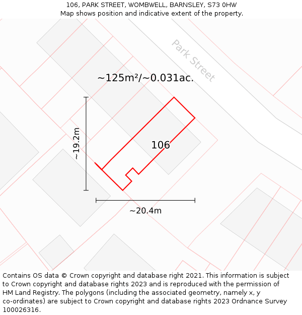 106, PARK STREET, WOMBWELL, BARNSLEY, S73 0HW: Plot and title map