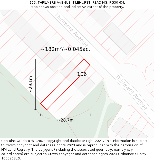 106, THIRLMERE AVENUE, TILEHURST, READING, RG30 6XL: Plot and title map