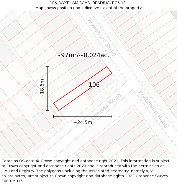 106, WYKEHAM ROAD, READING, RG6 1PL: Plot and title map