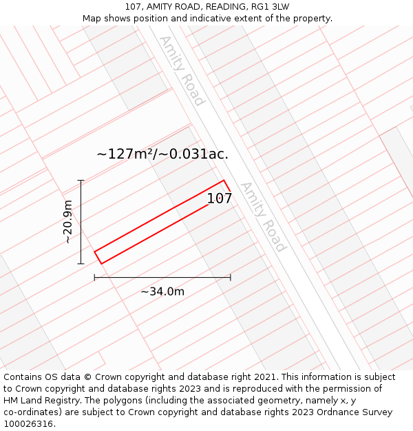 107, AMITY ROAD, READING, RG1 3LW: Plot and title map